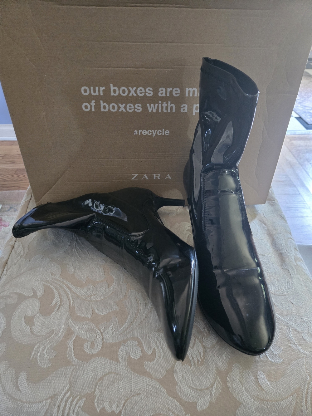 ZARA Black Patent Pointed-Toe Ankle Boots
